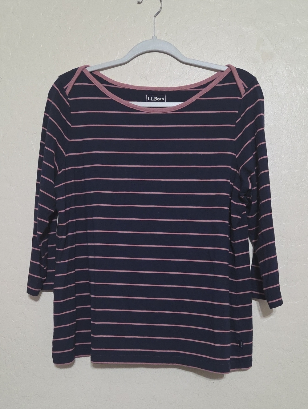 L.L. Bean Navy with Pink Stripe Boatneck Long Sleeve Top